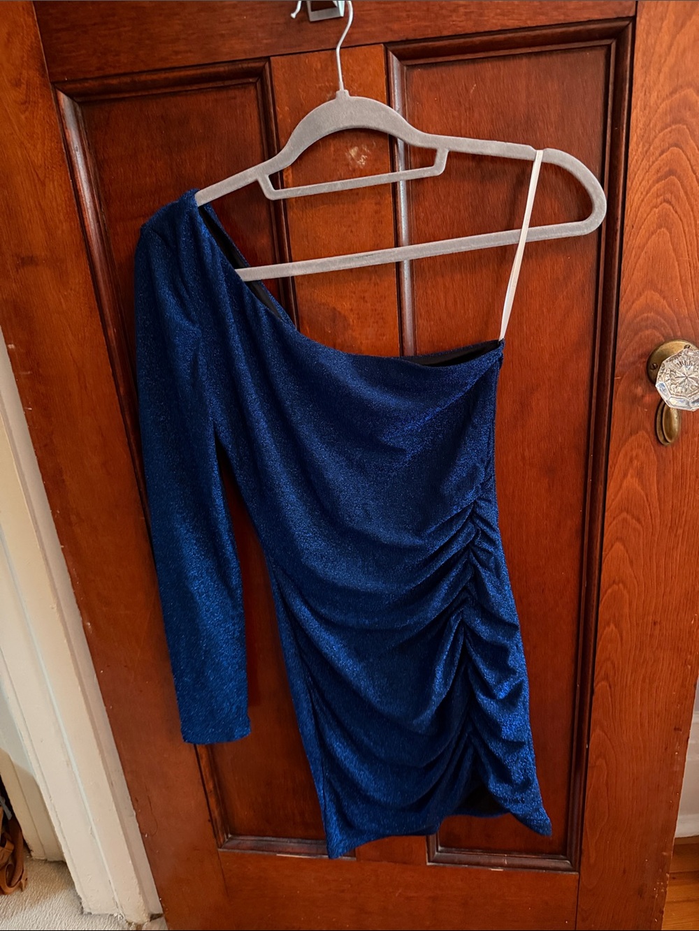Lulu's One-Shoulder Navy Ruched Sparkle Dress